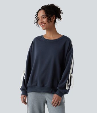 Sweat-shirt décontracté à col rond, épaules tombantes, colorblock, rayures et nœud