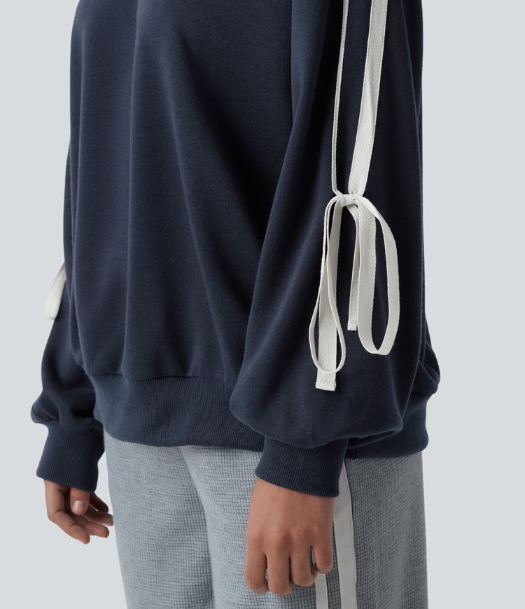 Sweat-shirt décontracté à col rond, épaules tombantes, colorblock, rayures et nœud