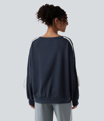 Sweat-shirt décontracté à col rond, épaules tombantes, colorblock, rayures et nœud