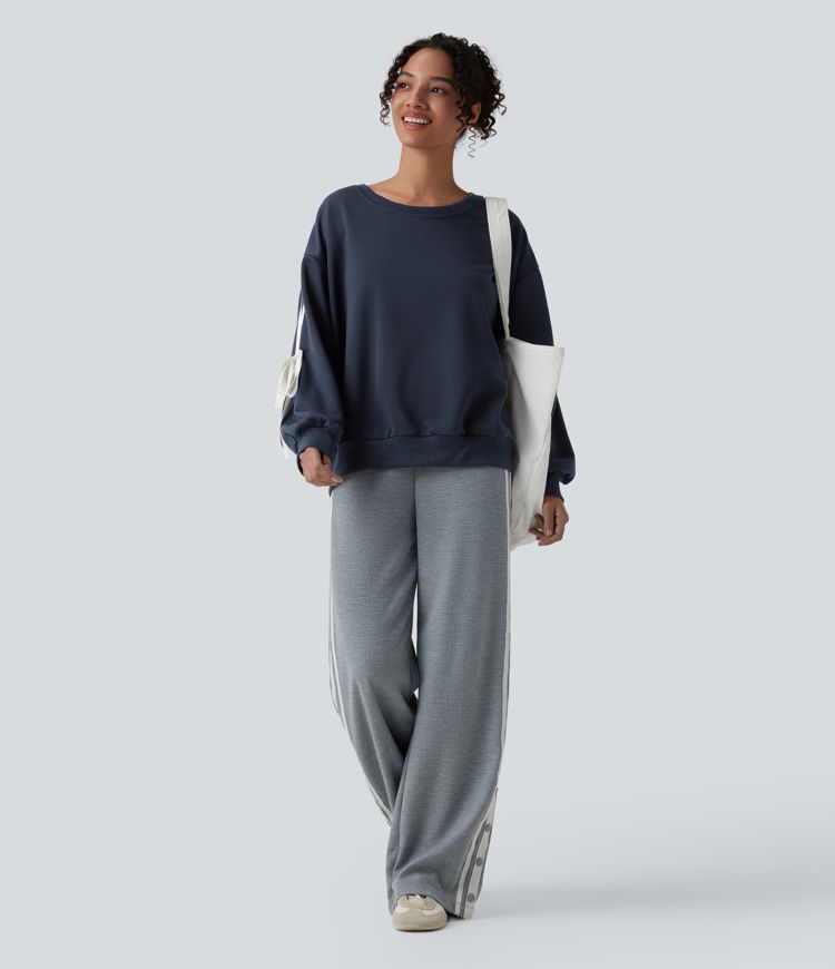 Sweat-shirt décontracté à col rond, épaules tombantes, colorblock, rayures et nœud