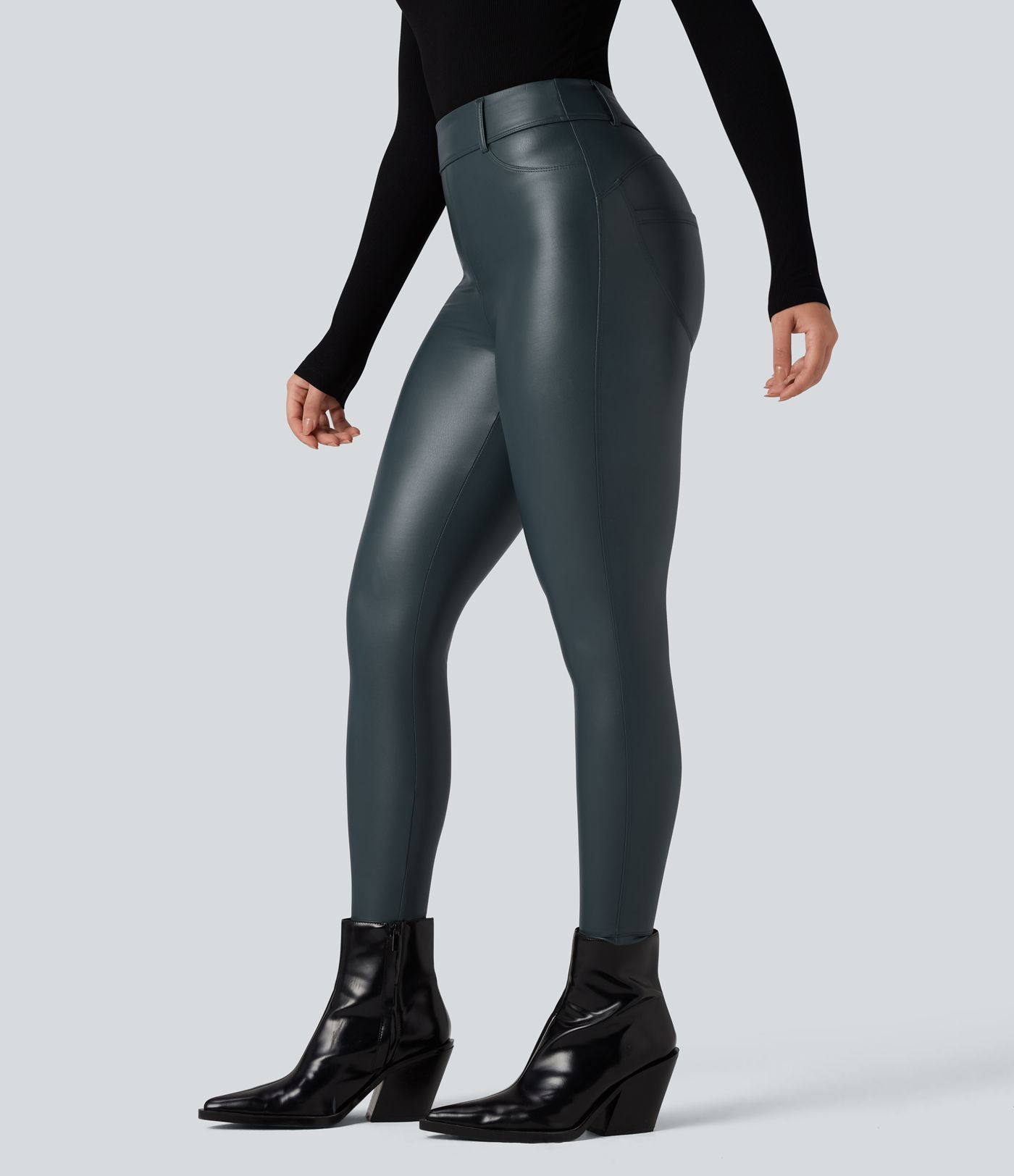 High Waisted Stretchy PU Fleece Casual Leggings with Pockets