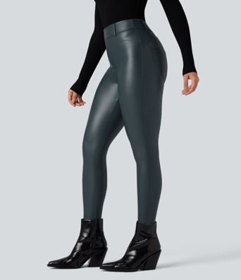 High Waisted Stretchy PU Fleece Casual Leggings with Pockets