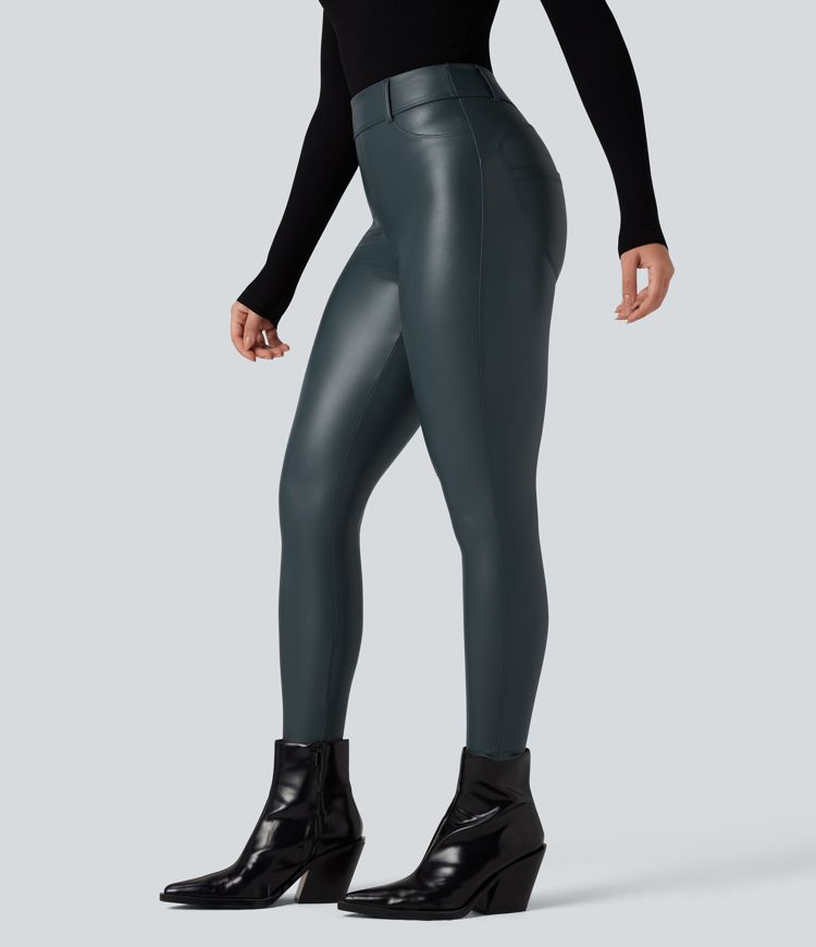 High Waisted Stretchy PU Fleece Casual Leggings with Pockets