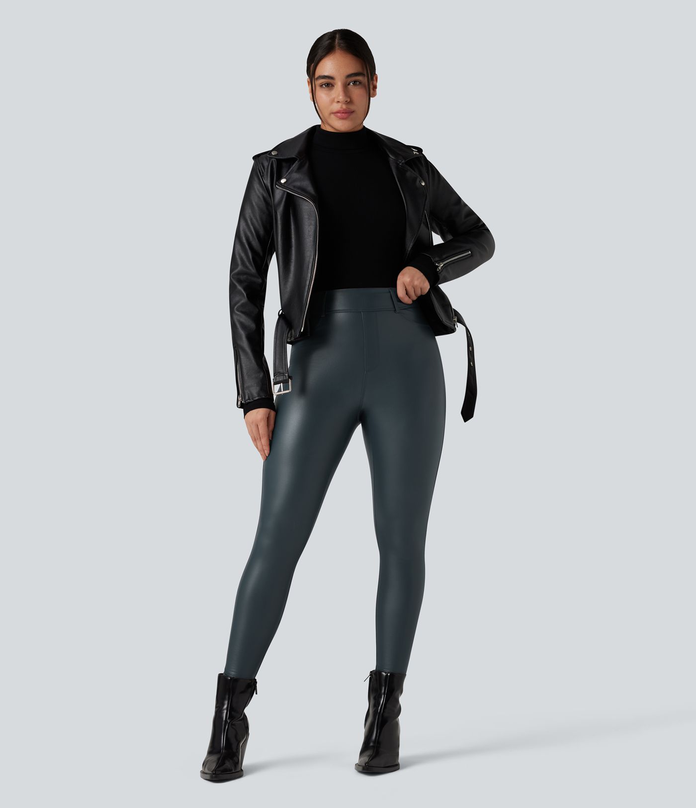 High Waisted Stretchy PU Fleece Casual Leggings with Pockets