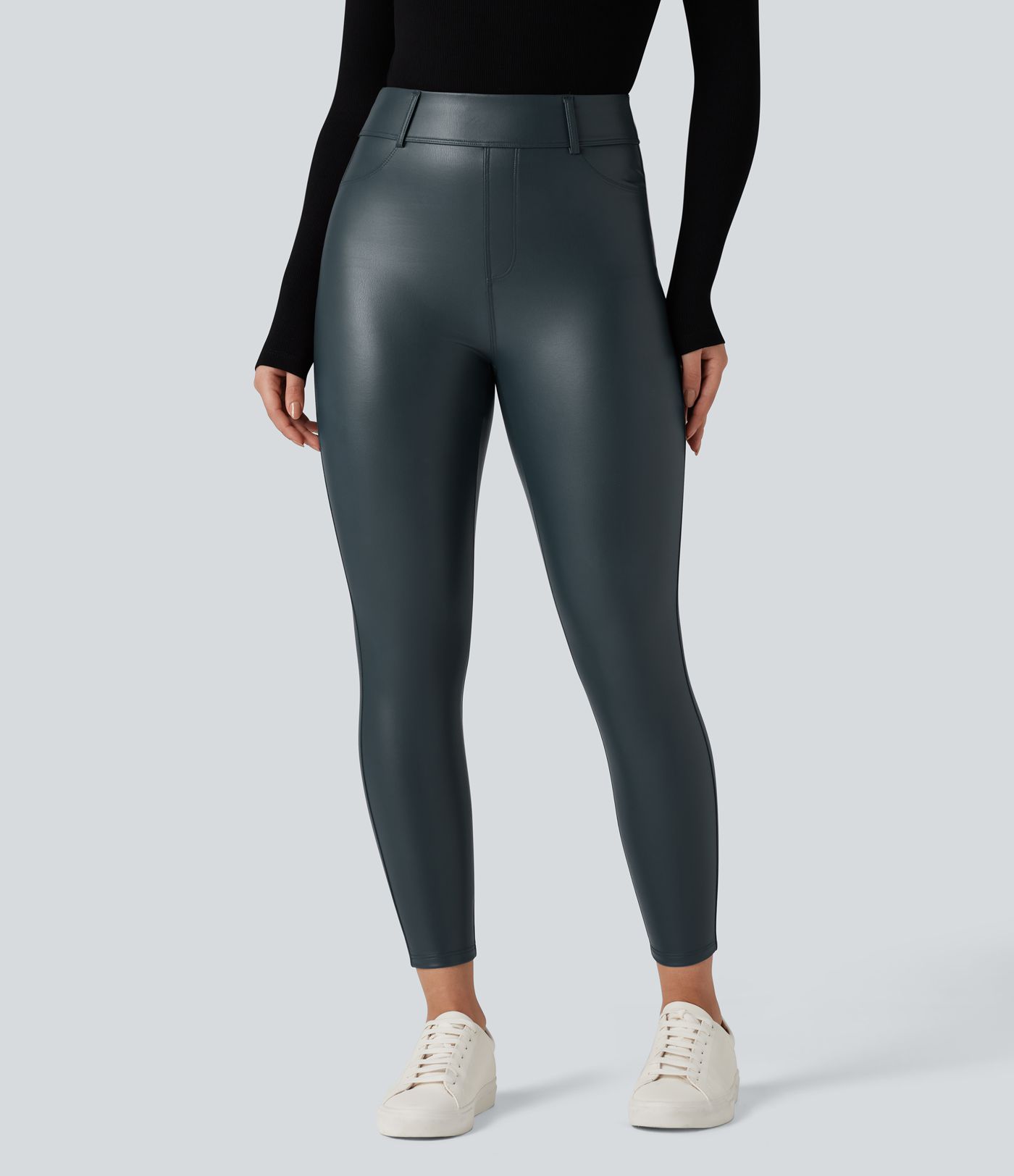 High Waisted Stretchy PU Fleece Casual Leggings with Pockets