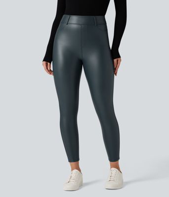 High Waisted Stretchy PU Fleece Casual Leggings with Pockets