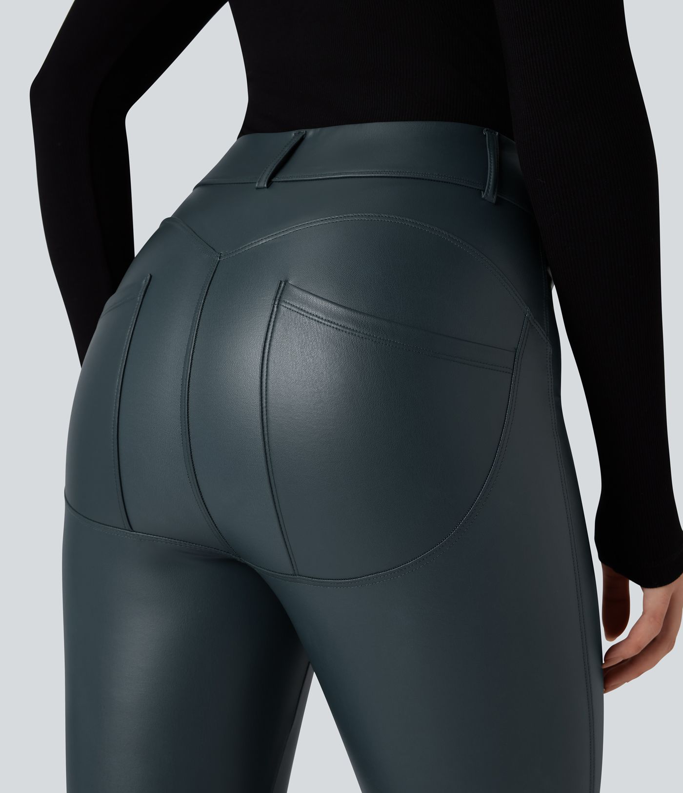 High Waisted Stretchy PU Fleece Casual Leggings with Pockets
