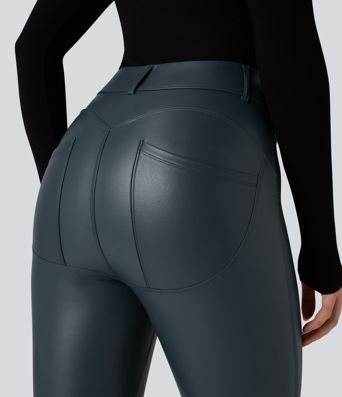 High Waisted Stretchy PU Fleece Casual Leggings with Pockets