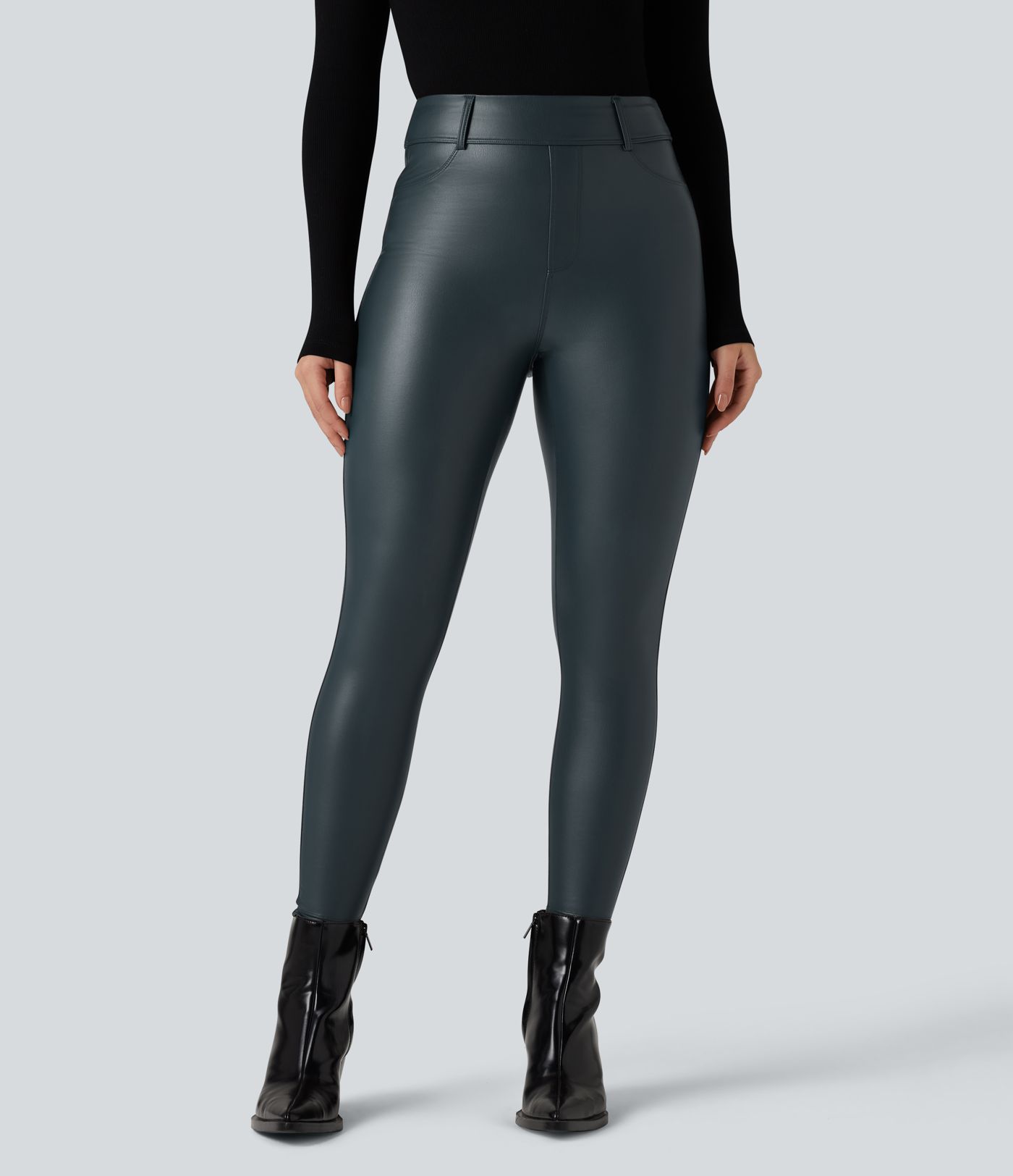 High Waisted Stretchy PU Fleece Casual Leggings with Pockets