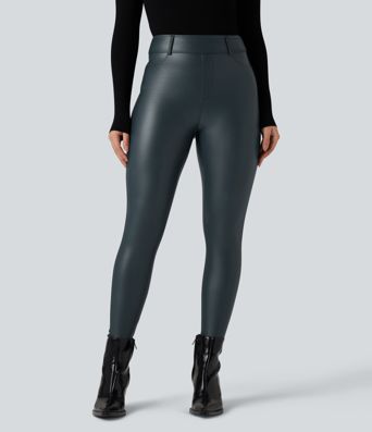 High Waisted Stretchy PU Fleece Casual Leggings with Pockets