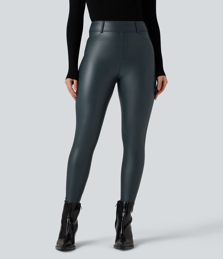 High Waisted Stretchy PU Fleece Casual Leggings with Pockets