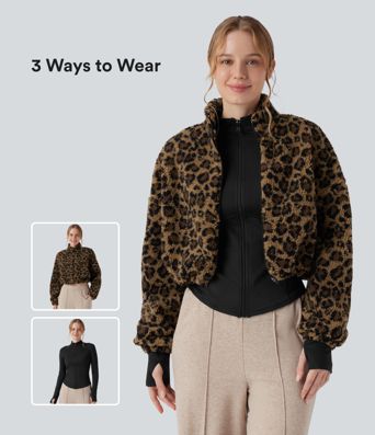 3-in-1 Stand Collar Long Sleeve Thumb Holes Jacket & Drawstring Hem Sherpa Jacket with Pockets