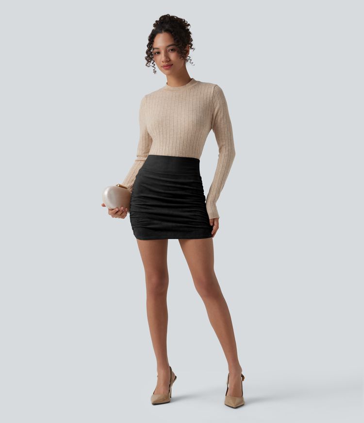 High Waisted Tummy Control Ruched Curved Hem Bodycon 2-in-1 Suede Mini Skirt