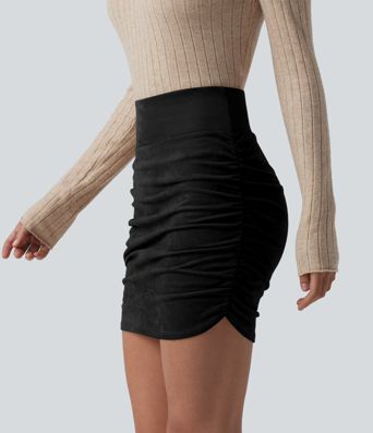 High Waisted Tummy Control Ruched Curved Hem Bodycon 2-in-1 Suede Mini Skirt