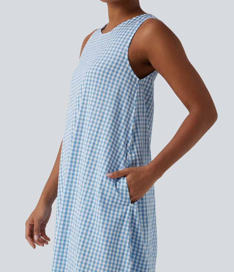 Round Neck Sleeveless Midi Crinkle Gingham Casual Tank Dress with Pockets