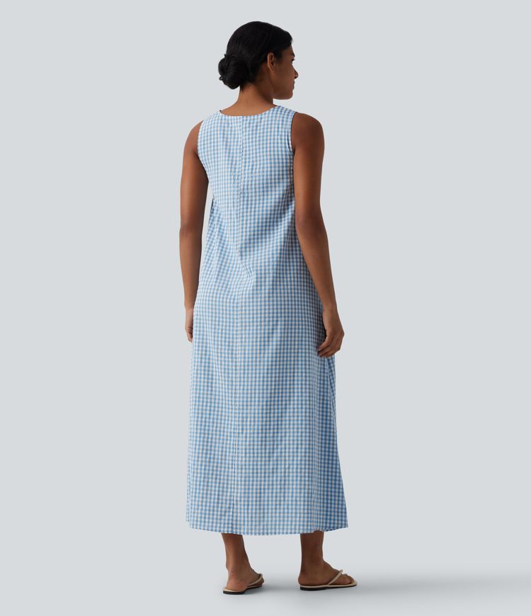 Round Neck Sleeveless Midi Crinkle Gingham Casual Tank Dress with Pockets