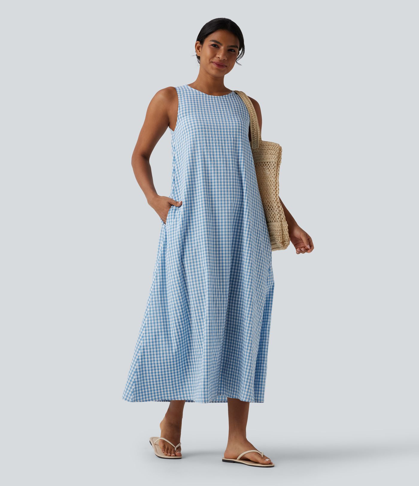 Round Neck Sleeveless Midi Crinkle Gingham Casual Tank Dress with Pockets