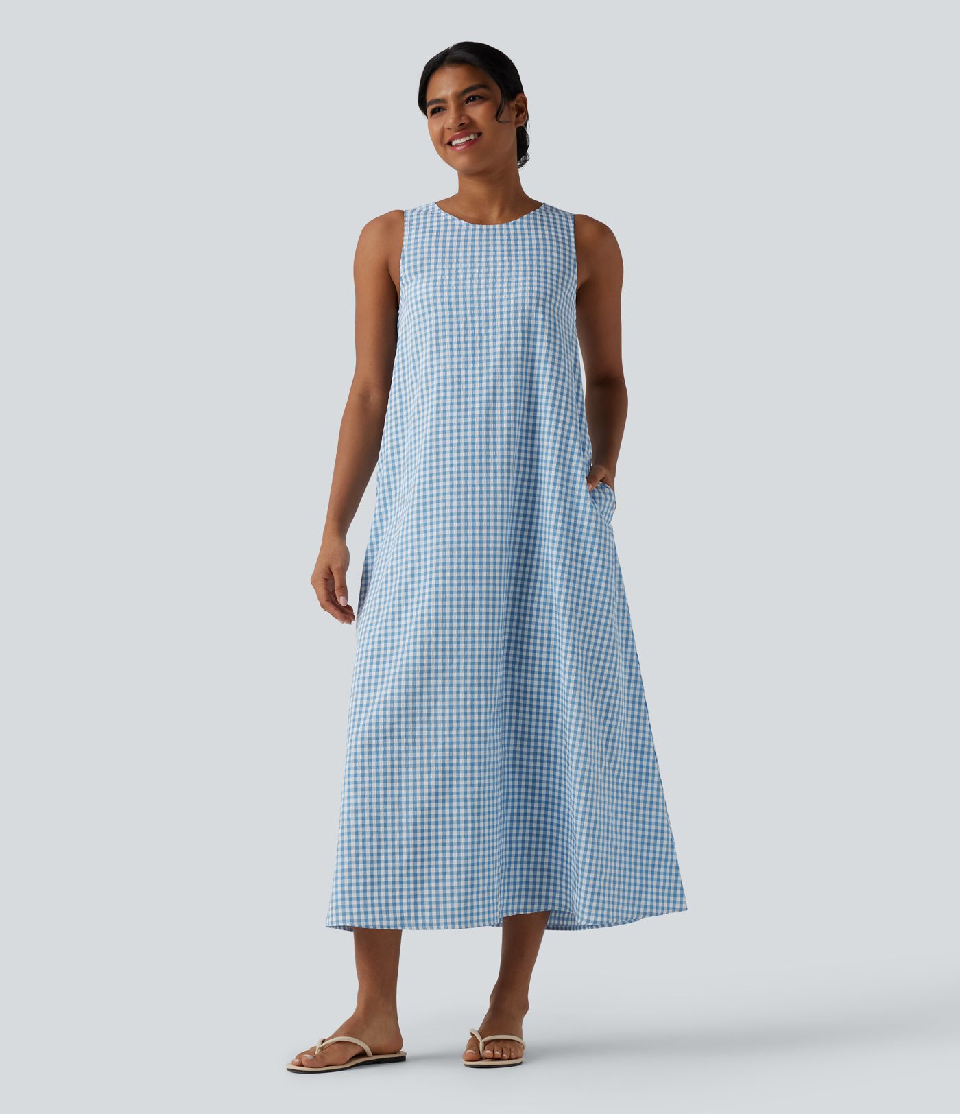 Round Neck Sleeveless Midi Crinkle Gingham Casual Tank Dress with Pockets