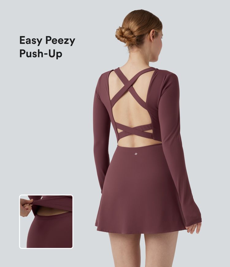SoftlyZero™ Plush Push-Up Molded Cups Crisscross Backless Long Sleeve Thumb Holes Tie-side Pickleball Active Dress with Pockets-Easy Peezy