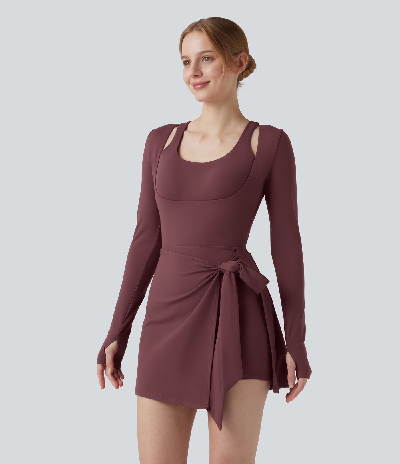 SoftlyZero™ Plush Push-Up Molded Cups Crisscross Backless Long Sleeve Thumb Holes Tie-side Pickleball Active Dress with Pockets-Easy Peezy