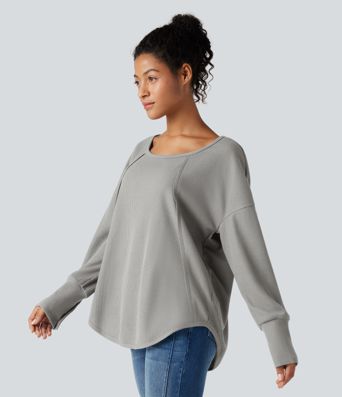 Scoop Neck Long Sleeve Curved Hem Relaxed Waffle Casual Top