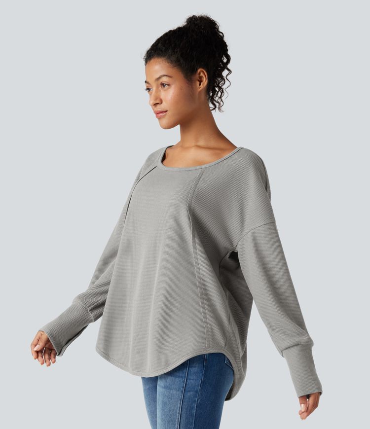 Scoop Neck Long Sleeve Curved Hem Relaxed Waffle Casual Top