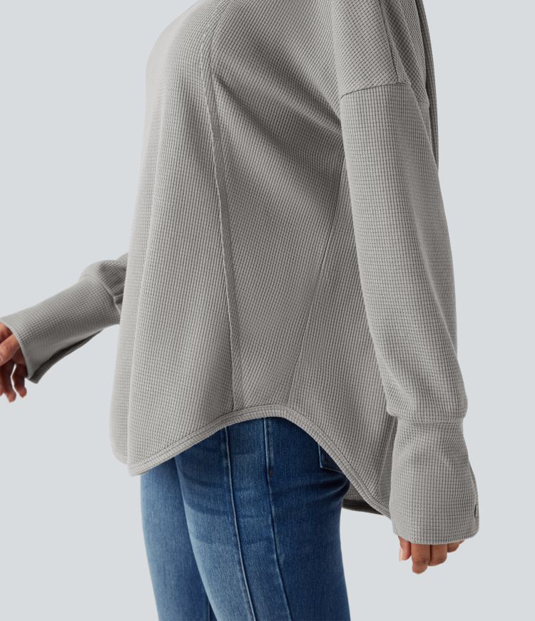 Scoop Neck Long Sleeve Curved Hem Relaxed Waffle Casual Top