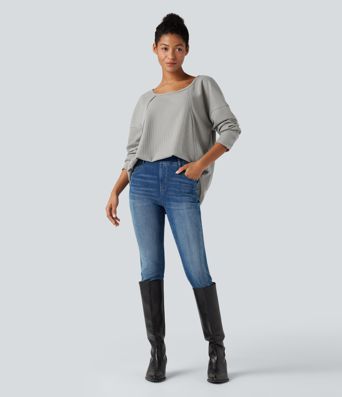 Scoop Neck Long Sleeve Curved Hem Relaxed Waffle Casual Top