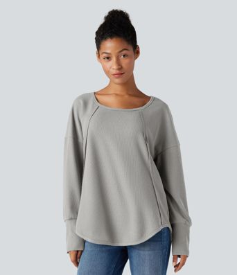 Scoop Neck Long Sleeve Curved Hem Relaxed Waffle Casual Top