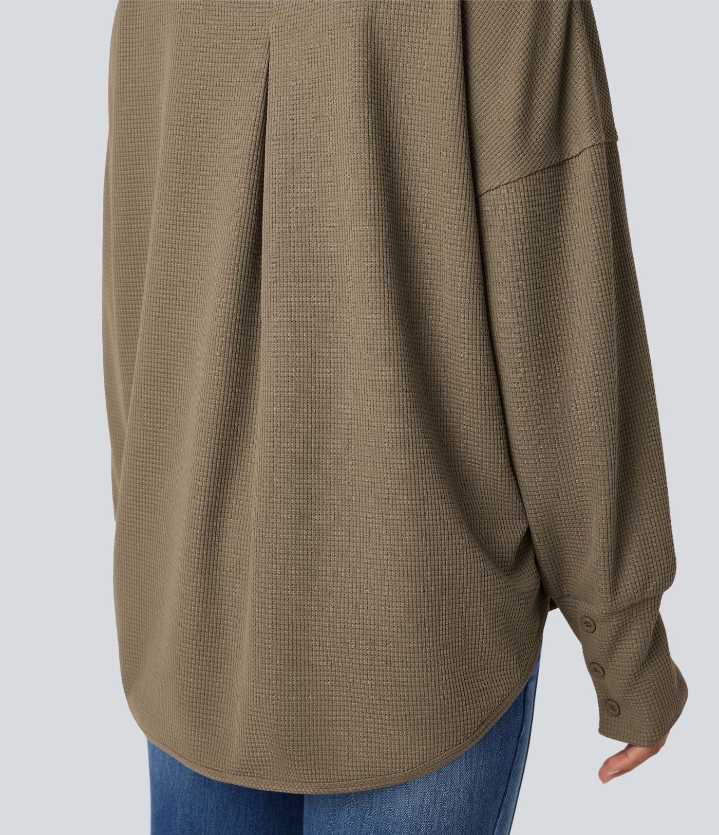 Scoop Neck Long Sleeve Curved Hem Relaxed Waffle Casual Top