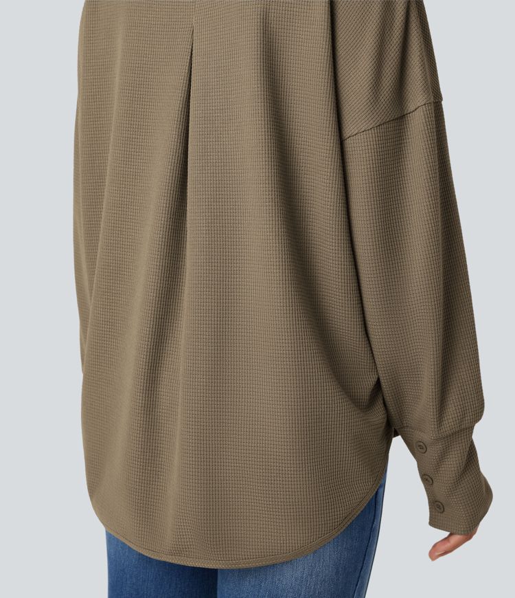 Scoop Neck Long Sleeve Curved Hem Relaxed Waffle Casual Top