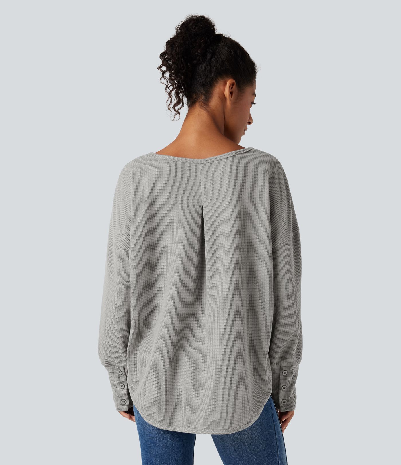 Scoop Neck Long Sleeve Curved Hem Relaxed Waffle Casual Top