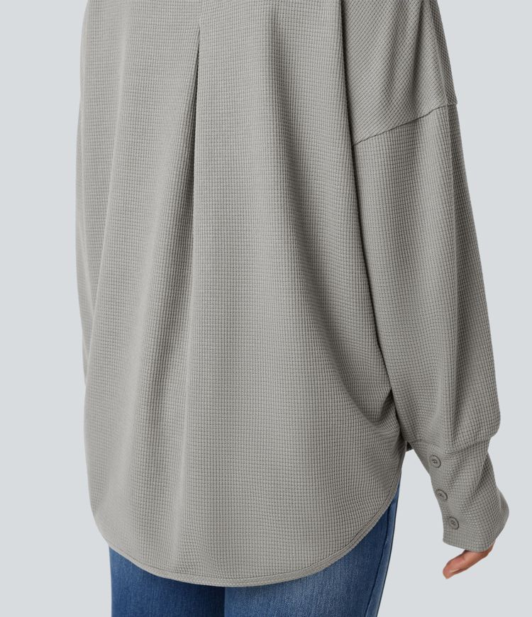 Scoop Neck Long Sleeve Curved Hem Relaxed Waffle Casual Top