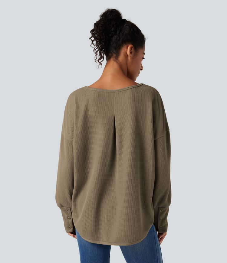 Scoop Neck Long Sleeve Curved Hem Relaxed Waffle Casual Top
