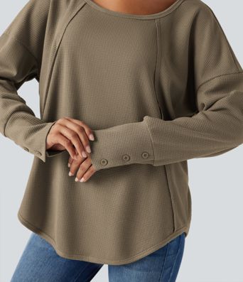 Scoop Neck Long Sleeve Curved Hem Relaxed Waffle Casual Top