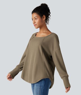 Scoop Neck Long Sleeve Curved Hem Relaxed Waffle Casual Top