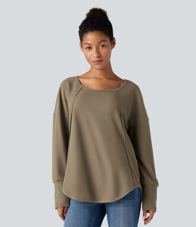 Scoop Neck Long Sleeve Curved Hem Relaxed Waffle Casual Top