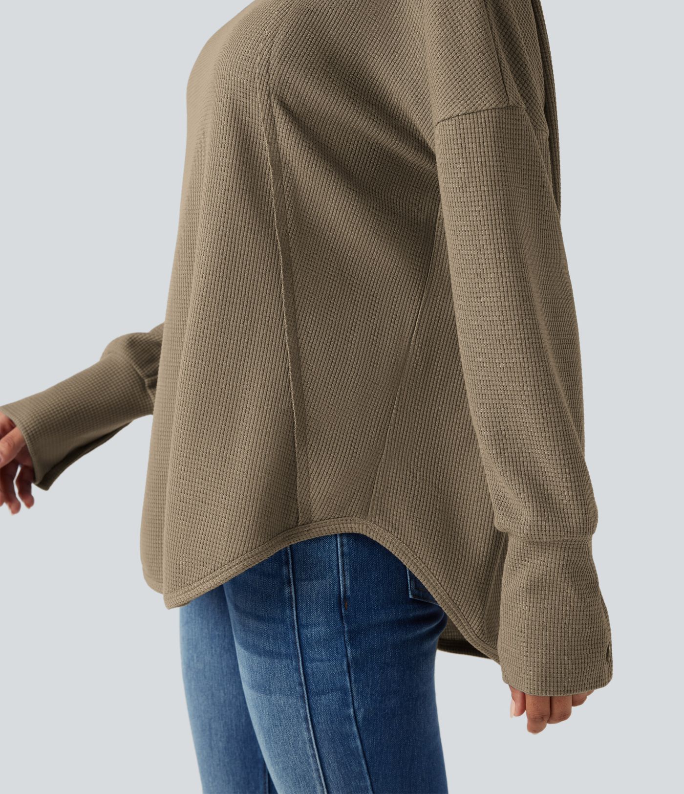 Scoop Neck Long Sleeve Curved Hem Relaxed Waffle Casual Top