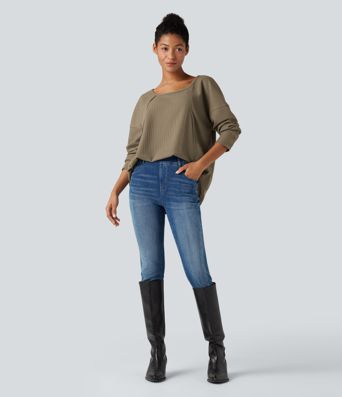 Scoop Neck Long Sleeve Curved Hem Relaxed Waffle Casual Top