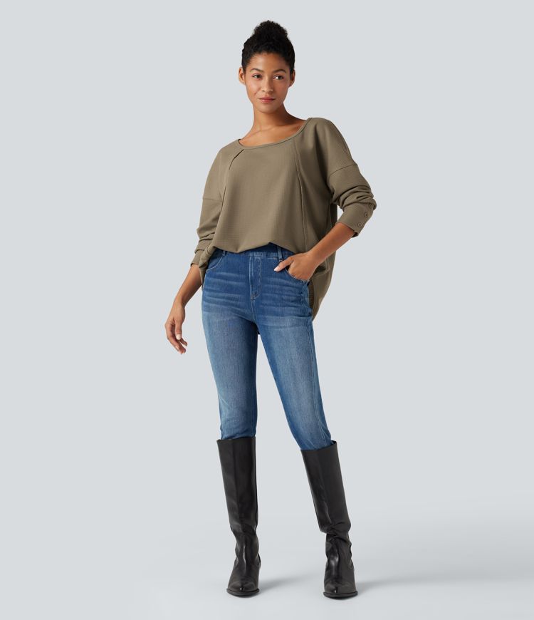 Scoop Neck Long Sleeve Curved Hem Relaxed Waffle Casual Top