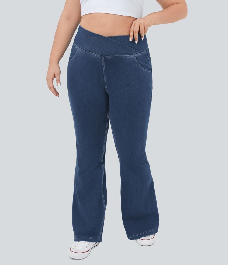 Halara Flex™ Plus Size Jeans Crossover-Jeggings aus elastischem Strick-Denim mit hohem Bund und mehreren Taschen