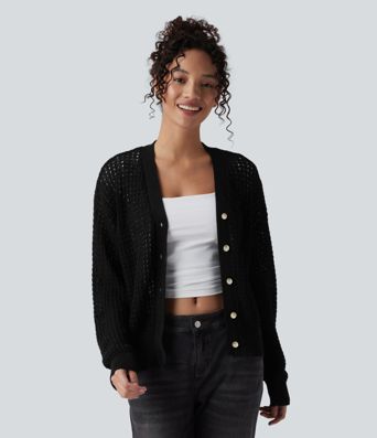 Lässiger Strick-Cardigan mit V-Ausschnitt und langen Ärmeln