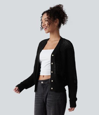 Lässiger Strick-Cardigan mit V-Ausschnitt und langen Ärmeln