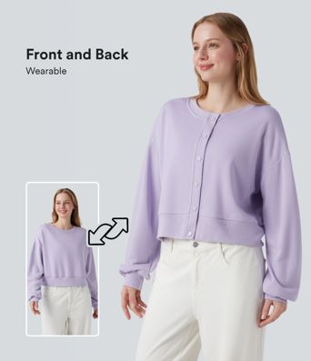 Round Neck Long Sleeve Button Fly Relaxed Sweatshirt-Front and Back Wearable