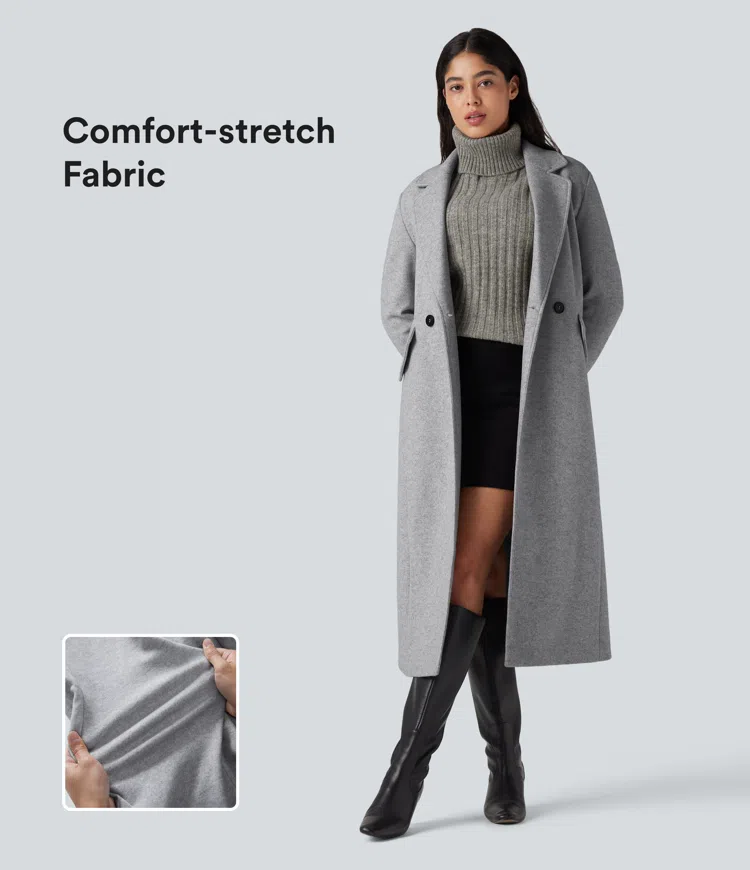 Notched Collar Long Sleeve Longline Fleece Casual Coat with Pockets