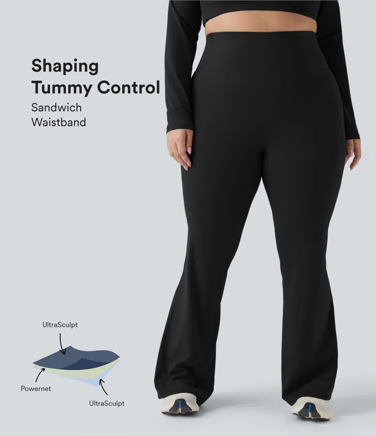 Černá Halara UltraSculpt™ legíny s vysokým pasem, se stahujícím efektem na břicho a rozšířeným (flare) střihem, plus size / 1