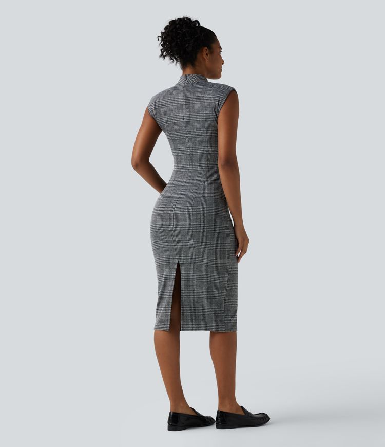 Midi darbo suknelė, kūno siluetą pabrėžianti, be rankovių, su aukšta apykakle ir šuniuko danties raštu (houndstooth)