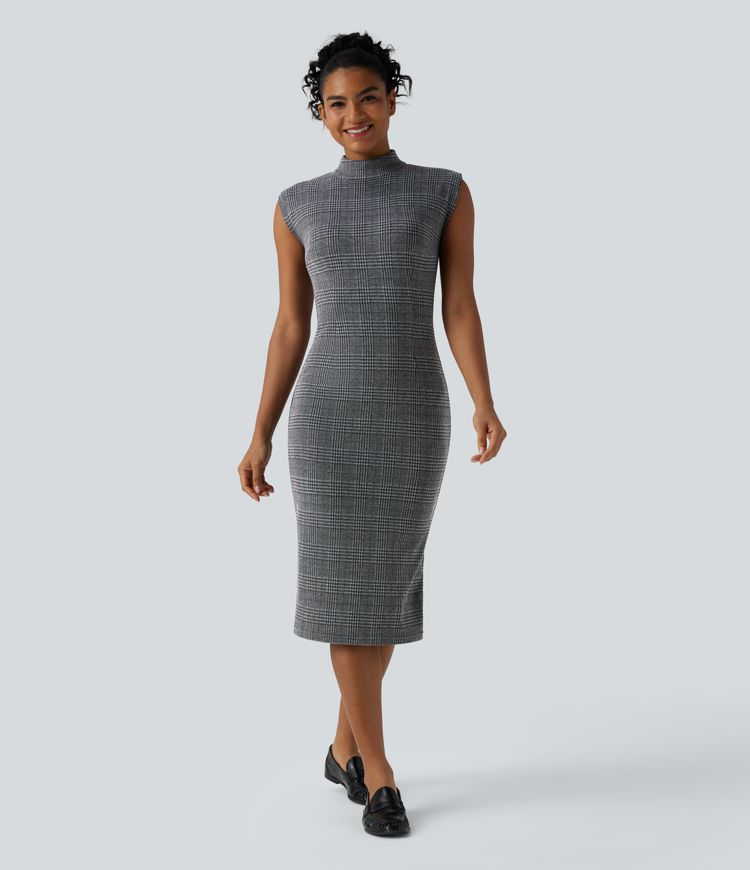 Midi darbo suknelė, kūno siluetą pabrėžianti, be rankovių, su aukšta apykakle ir šuniuko danties raštu (houndstooth)