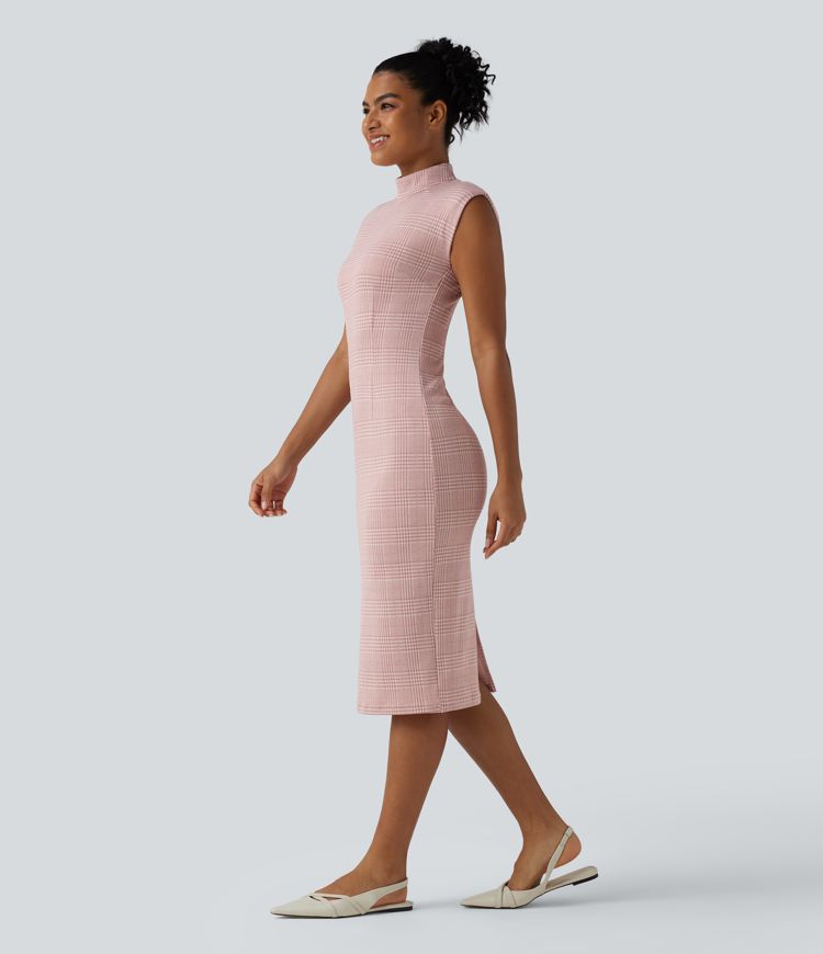 plaid bodycon midi dress Women's High Neck Sleeveless Houndstooth Work Elevate your wardrobe with global-waist_seam-Under Bust Seam Andrea & Leo WL089 Color:Teal Blue