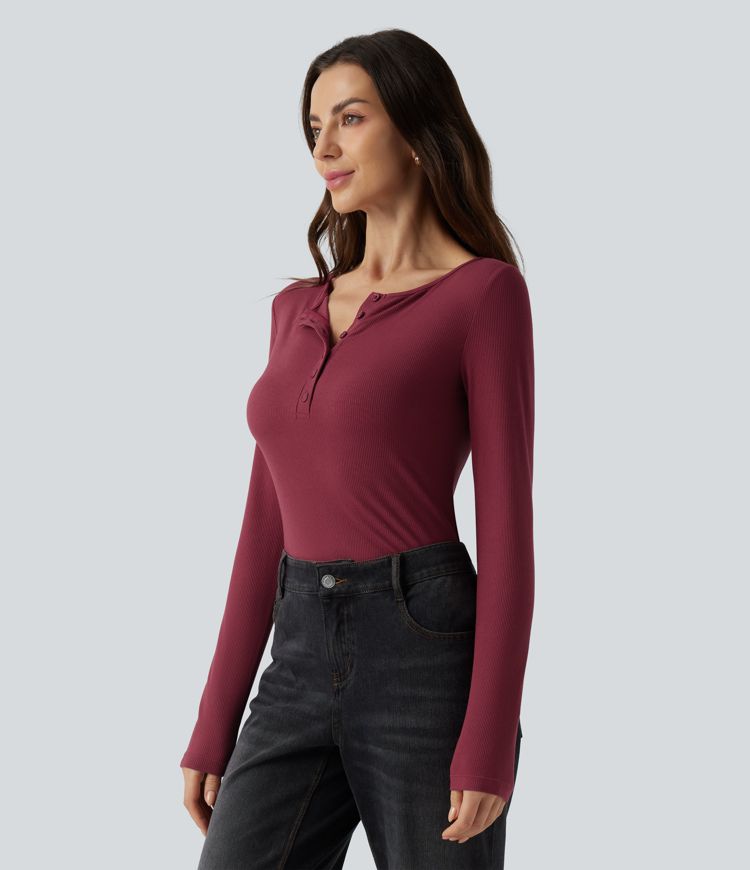 Ribbed Knit Boat Henley Neck Long Sleeve Casual Top
